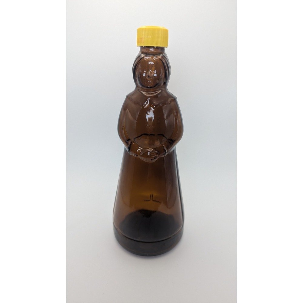 Mrs Butterworths Amber Glass Figural Syrup Bottle Vintage 10" Yellow Cap Lady